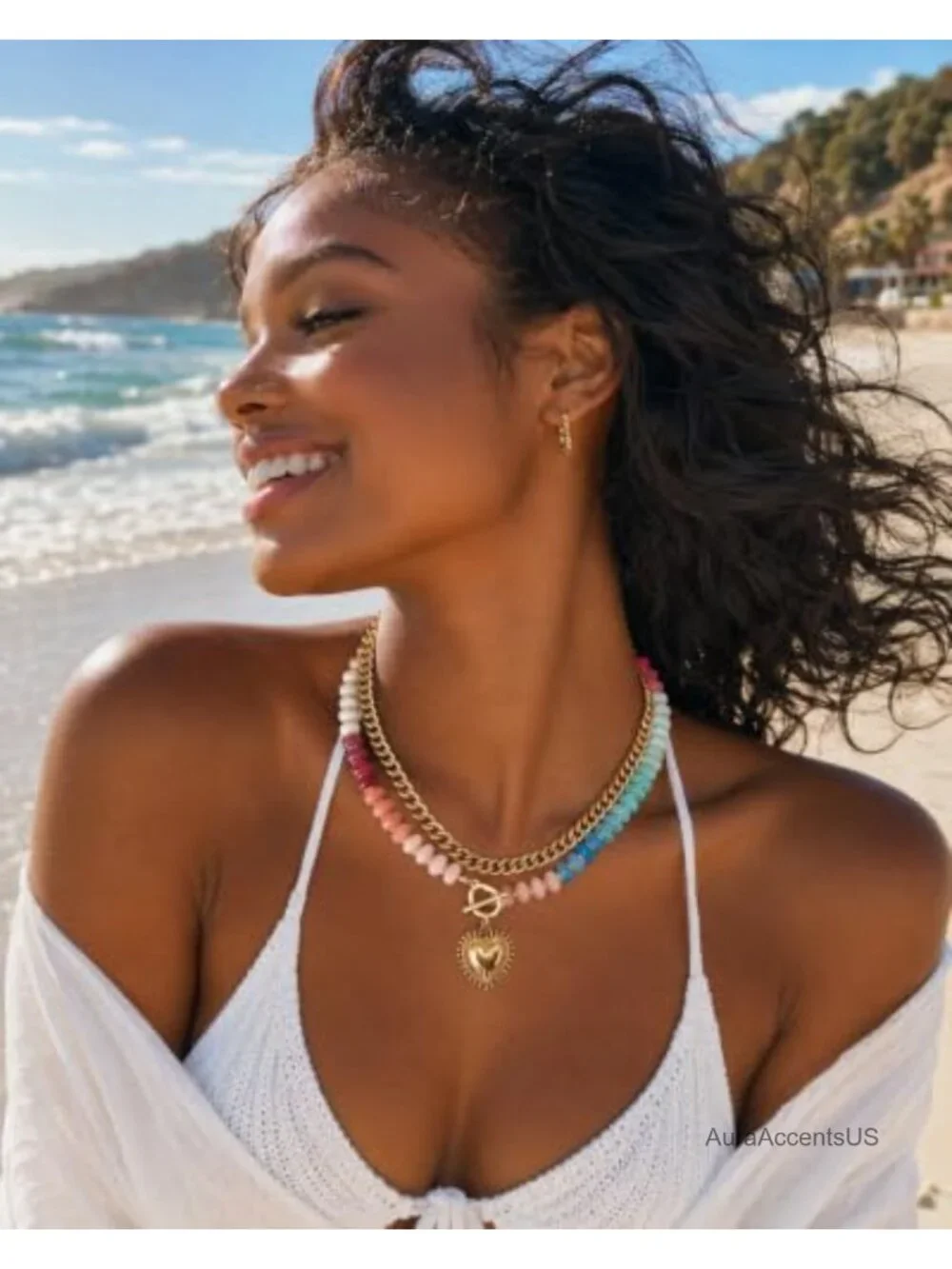 Layered Beaded Choker Necklace for Women Gold Heart Acrylic Y2K Preppy